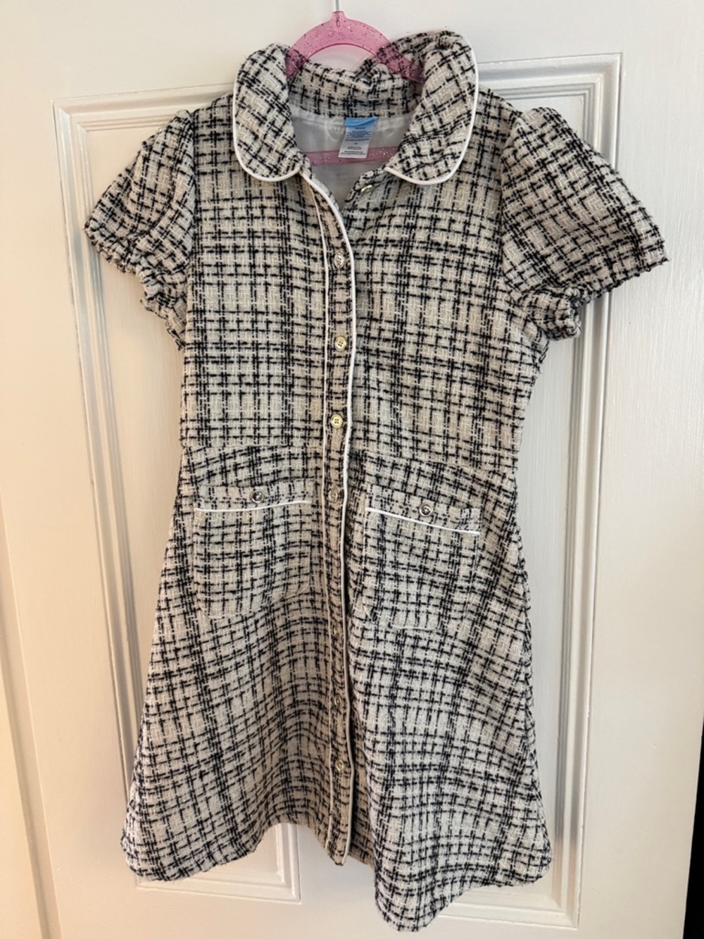 Draper James Black and White Tweed Collar Dress girls 12 gold cream black